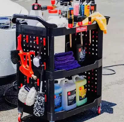 Detailing Products Organized in a black cart