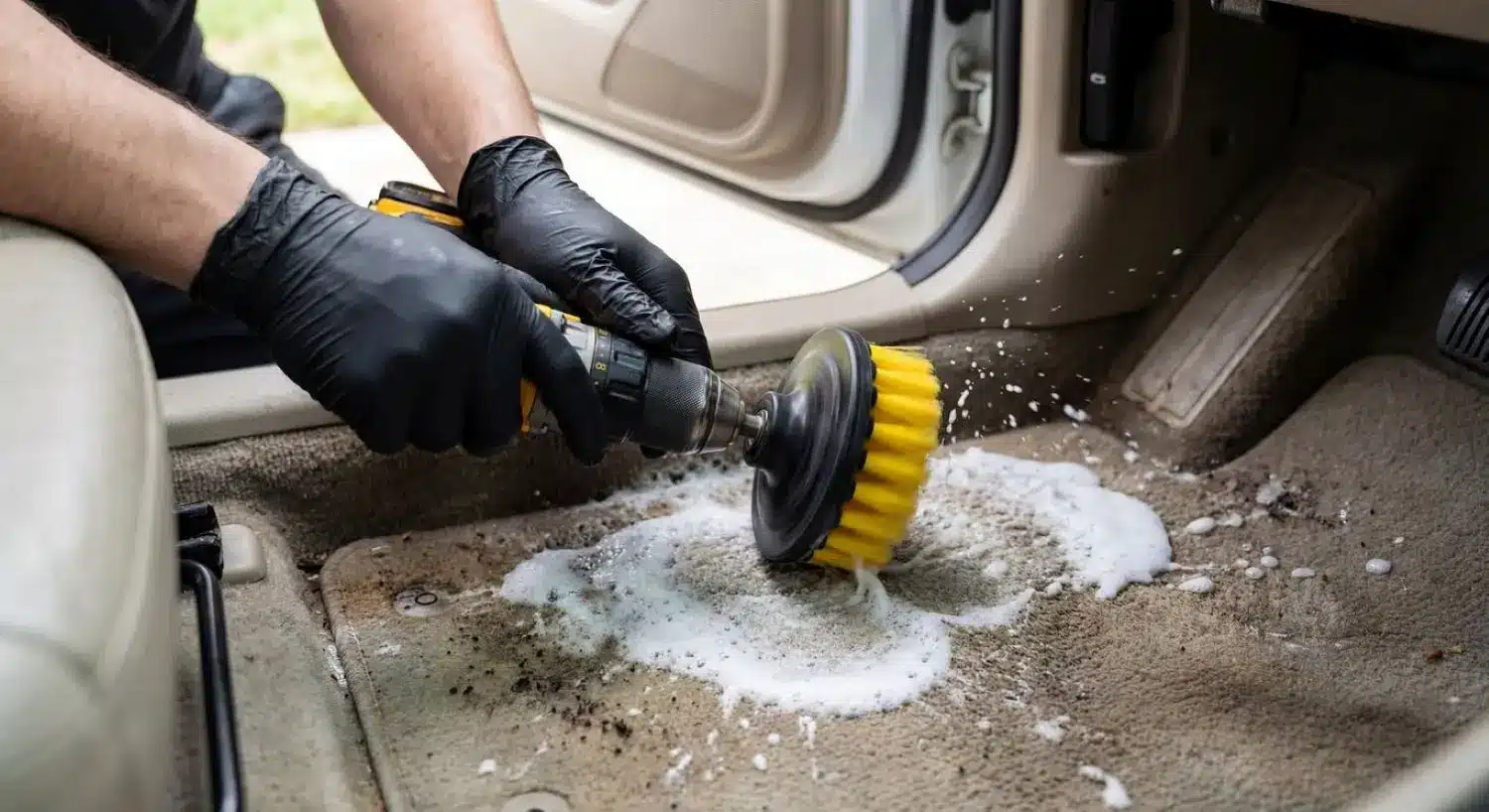 Detailer using yellow drill brush to agitate cleaning solution on dirty car carpet.