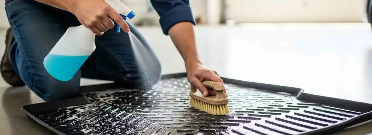 Spraying cleaner and scrubbing black rubber floor mat with bristle brush.